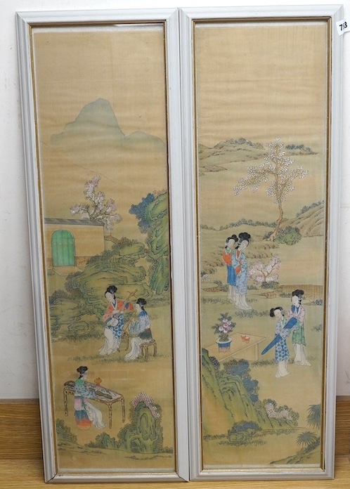 Chinese School, pair of watercolours on silk, Females before landscapes, 80 x 21cm. Condition - fair, some discolouration